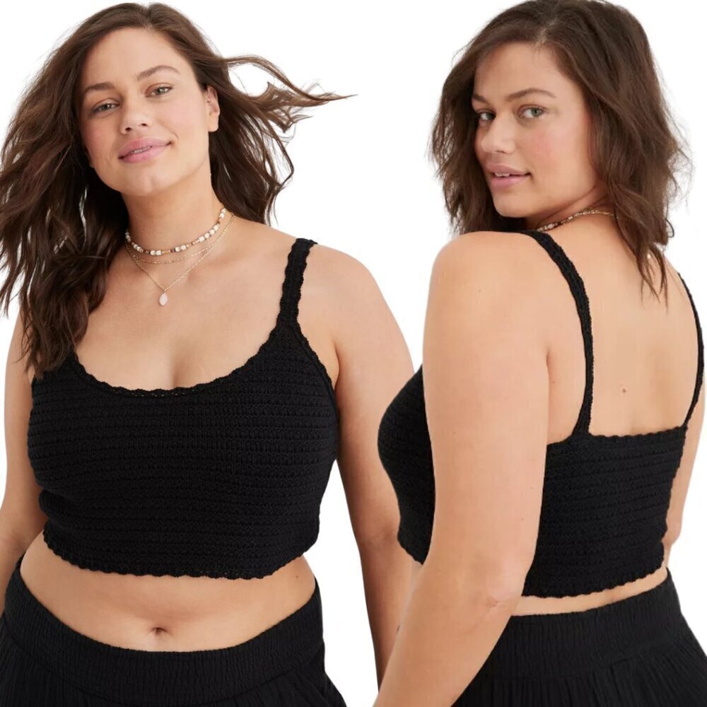 Aerie Summer Nights Cropped Tank Top Women's XS Black Crochet Knit Boho Summer